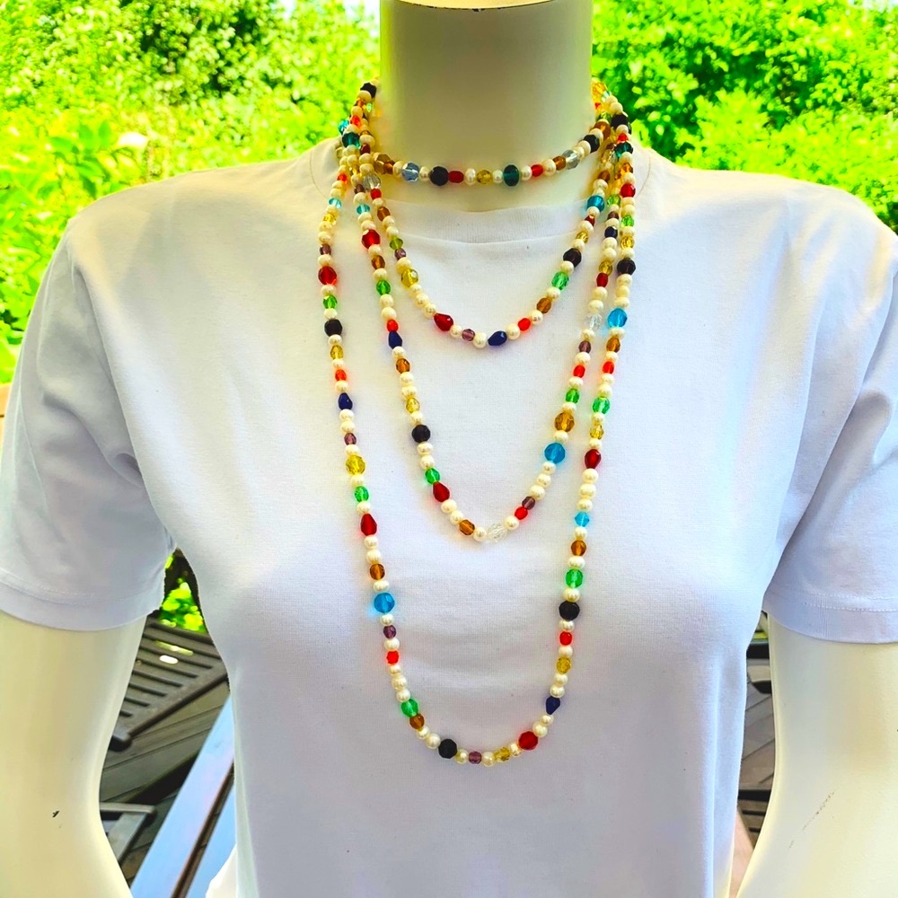 Extra Long 4 strands Knot Pearl necklace with Boho style multiple colored beads